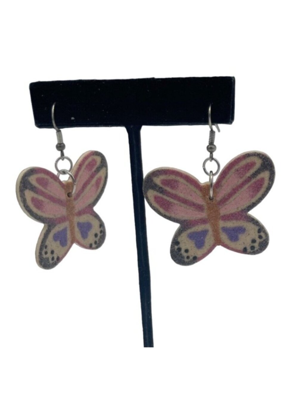 Pink and Purple Sand Art on Wood Butterfly Dangle Earrings Spring Gift